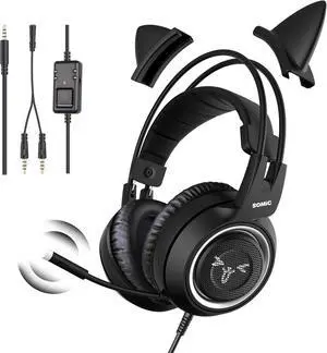 Corn Stereo Gaming Headset with Mic for PS4, PS5, Xbox One, PC, Mobile Phone, 3.5MM Sound Detachable Cat Ear Headphones Lightweight Self-Adjusting Over Ear Office Headphones G951S Black