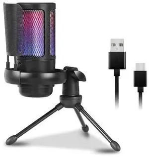 USB Gaming Microphone for PC, Computer Condenser Mic with Gain Knob, RGB Light, Tripod Stand for Recording, Podcasting, Streaming, Compatible with PS5 PS4 Mac Laptop Desktop