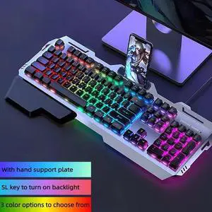 Professional Gaming Keyboard Rainbow LED Backlit with Phone Holder Removable Hand Rest Mechanical Feel 104 Keys Waterproof for PC Laptop Grey