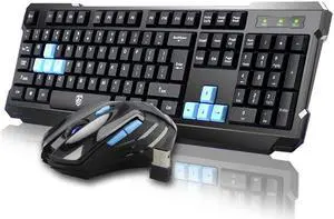 CORN Black & Blue Multimedia Gaming Keyboard & Mouse With USB RF 2.4GHz Wireless HTPC, Anti-Ghosting Feature, Water-Proof Design, Mute Effect and Mechanical Feel Design, Fully Compatible