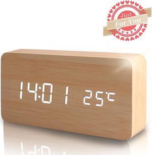Wooden Digital Alarm Clock, Leeron Cube Wood-shaped Time Temperature and Sound Control Desk Alarm Clock for Kid, Home, Office, Daily Life, Heavy Sleepers (Wood)