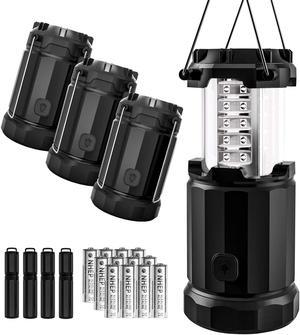 Etekcity 4 Pack Portable LED Camping Lantern with 12 AA Batteries - Survival Kit for Emergency, Hurricane, Power Outage (Black, Collapsible) (CL30)