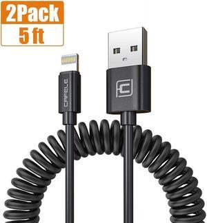 Coiled Charging Cable, CORN 2 Pack Retractable Phone Charger Cord USB Powerline Compatible for iPhone Xs/XS MAX/X / 8/7 / 6 Plus, iPad, Carplay - (Black/5ft)
