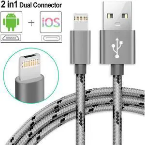 Lightning & Micro USB Charger Cable, CORN 2 in 1 Fast Dual Charging 3.28ft Nylon Braided Charging Cord Data Sync Cable for iOS iPhone X/8/8 Plus, Samsung HTC Huawei Android Device
