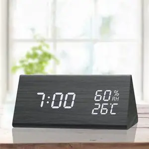 TooTa Digital Clock, 3 Alarm Settings, with Wooden Electronic LED Time Display, Dual Temperature & Humidity Detect, Ideal for Bedroom, Bedside Kids, Batteries not Needed