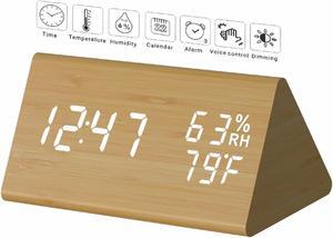 TooTa Digital Clock, 3 Alarm Settings, with Wooden Electronic LED Time Display, Dual Temperature & Humidity Detect, Ideal for Bedroom, Bedside Kids, Batteries not Needed