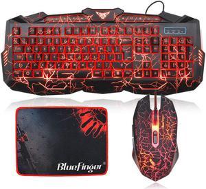 Crack Backlit Gaming Keyboard and Mouse Combo,BlueFinger 114 Keys USB Wired Mechanical Feeling Keyboard,3 Color Blue/Red/Purple LED Backlit,Keyboard Crack Gaming Mouse Pad for Computer Gamer Office