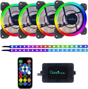 Apevia SP412L2S-RGB Spectra 120mm Silent Dual Ring Addressable RGB Color Changing LED Fan with Remote Control, 16X LEDs & 8X Anti-Vibration Rubber Pads w/ 2 Magnetic Addressable LED Strips (4+2-PK)