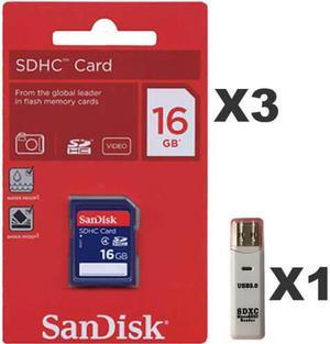 SanDisk 16GB SDHC Class 4  SDSDB-016G-B35 Memory Card Retail (3 Pack) with 1 Reader