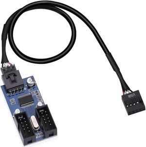 9 Pin 2 in 1 Internal USB Splitter Cable 9 pin USB Header Male 1 to 2 Female Extension Connector Adapter, USB 2.0 HUB Connector Port Multiplier PWM Fan Splitter Cable (30cm/0.98ft)