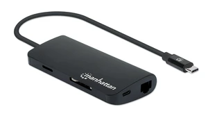 Manhattan USB-C Dock/Hub with Card Reader, Ports (x5): Ethernet, USB-A (3) and USB-C, 5 Gbps (USB 3.2 Gen1 aka USB 3.0), With Power Delivery (100W) to USB-C Port (Note additional USB-C wall charger Manhattan USB-C Dock/Hub with Card Reader, Ports (x5): Ethernet, USB-A (3) and USB-C, 5 Gbps (USB 3.2 Gen1 aka USB 3.0), With Power Delivery (100W) to USB-C Port (Note additional USB-C wall charger