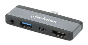 Manhattan USB-C Travel Dock/Hub, Ports (x4): HDMI, USB-A, USB-C and 3.5mm audio, With Power Delivery (100W) to USB-C Port, USB powered (no external power supply required) Manhattan USB-C Travel Dock/Hub, Ports (x4): HDMI, USB-A, USB-C and 3.5mm audio, With Power Delivery (100W) to USB-C Port, USB powered (no external power supply required)