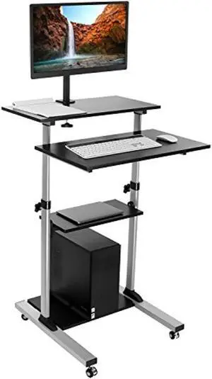 mount-it! mobile stand up desk/height adjustable computer work station rolling presentation cart with monitor arm (mi-7942)