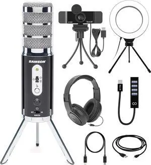 Samson Broadcast Microphone with 6" Ring Light, Webcam, Hub & SR350 Headphones-