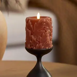 Luminara Embossed Leaves Caramel Café Flameless Pillar Moving Flame LED Candle R