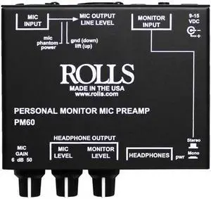 Rolls PM60 Unidirectional Polar Personal Monitor Mic Preamp for Podcast or Vlog