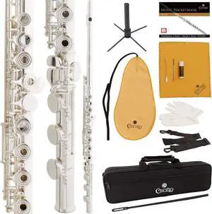Cecilio Open Hole C Flute 17 Keys Musical Instruments with B-Foot Joint, Silver