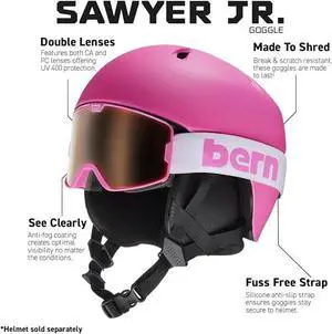 Bern Sawyer Jr. Snowboard Goggles for Kids, UV400 Anti-Fog Dual Lens, Matte Pink