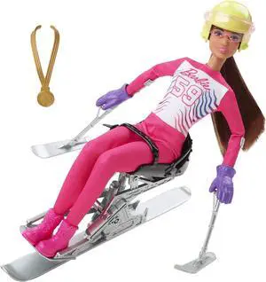 Barbie Careers Winter Sports para Alpine Brunette Skier Doll with Sit Ski, 5 PCS