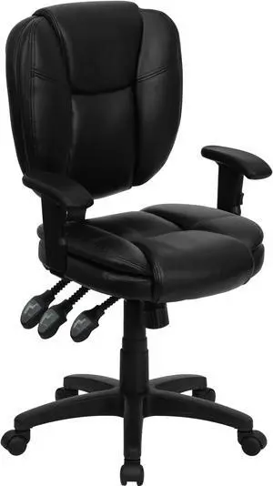 Mid-Back Black Leather Multifunction Ergonomic Swivel Task Chair with Pillow Top Cushioning and Arms
