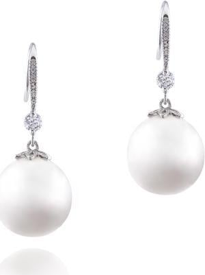 18k White Gold Plated White Shell Pearl with Cubic Zirconia Accented Drop Earrings (11.5-12 mm)