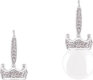 18k White Gold Plated White Shell Pearl with Cubic Zirconia Accented Crown Drop Earrings (12-12.5 mm)
