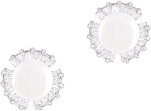 18k White Gold Plated White Shell Pearl with Cubic Zirconia Petal Stud Earrings (7-7.5 mm)