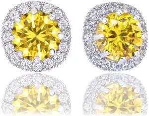 18k White Gold Plated Cubic Zirconia Cushion Shape Halo Stud Earrings (1.90 carats) by ORROUS & CO