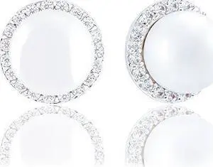 18k Gold Plated Round Shell Pearl with Cubic Zirconia Halo Stud Earrings (8-8.5 mm)