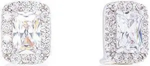 18k Gold Plated Round Shell Pearl and Emerald Cut Halo Cubic Zirconia Stud Earrings (10-10.5mm, 0.95 carats)