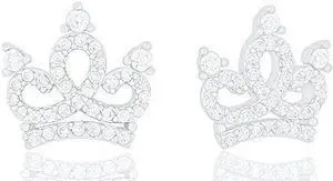 18k White Gold Plated Cubic Zirconia Princess Crown Stud Earrings by Orrous & Co.