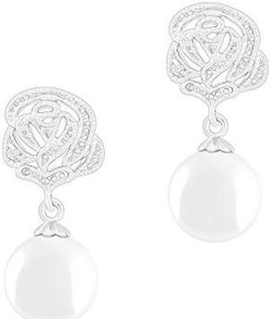 18k Gold Plated Round Simulated Shell Pearl with Cubic Zirconia Rose Flower Drop Earrings (8.5-9 mm) by Orrous & Co.