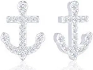 18k White Gold Plated Cubic Zirconia Anchor Stud Earrings by Orrous & Co