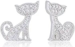 18k White Gold Plated Cubic Zirconia Cat Stud Earrings by Orrous & Co