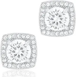 18k White Gold Plated Cubic Zirconia Cushion Shape Halo Stud Earrings (1.45 carats) by Orrous & Co.