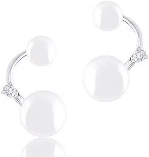 18k White Gold Plated White Simulated Shell Pearl with Cubic Zirconia Accented Curved Earrings (8.5-9mm, 5-5.5mm)