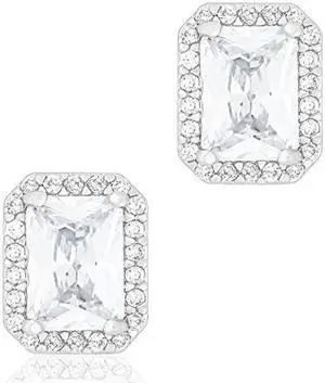18k White Gold Plated Cubic Zirconia Emerald Cut Halo Stud Earrings (1.65 carats) by ORROUS & CO