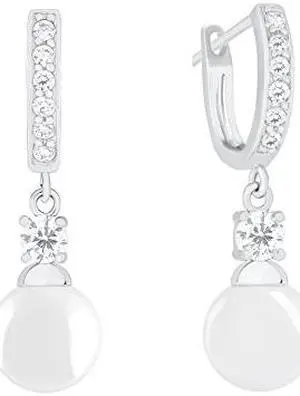 18k Gold Plated Round Simulated Shell Pearl with Cubic Zirconia Accent Drop Earrings (9-9.5 mm)