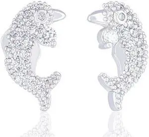 18k White Gold Plated Cubic Zirconia Dolphin Stud Earrings by Orrous & Co.