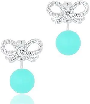 18k Gold Plated Robin Egg Blue Round Simulated Shell Pearl with Cubic Zirconia Bow Stud Earrings (8-8.5 mm)