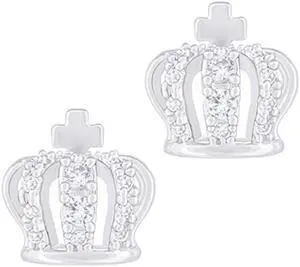 18k White Gold Plated Cubic Zirconia Crown Stud Earrings by Orrous & Co