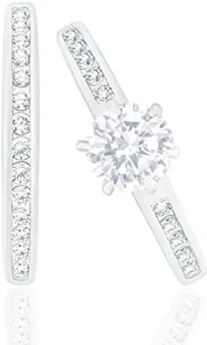 18k White Gold Plated Cubic Zirconia Round Solitaire Ring with Round-Cut Side Stones and Round-Cut Wedding Engagement Band Ring Set (1.45 carats)