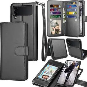 Galaxy Z Flip 4 Case, Galaxy Z Flip4 5G Wallet Case, Tekcoo Luxury PU Leather Cash Credit Card Slots Holder Carrying Folio Cover [Detachable Magnetic Case] Kickstand for Samsung Z Flip4 [Black]