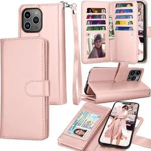Tekcoo Wallet Case Compatible with iPhone 15 Pro (6.2 inch) 2023 Luxury ID Cash Credit Card Slots Holder Carrying Pouch Folio Flip PU Leather Cover [Detachable Magnetic Hard Case] Strap [Rose Gold]