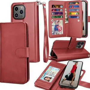 Tekcoo Wallet Case Compatible with iPhone 15 Plus (6.8 inch) 2023 Luxury ID Cash Credit Card Slots Holder Carrying Pouch Folio Flip PU Leather Cover [Detachable Magnetic Hard Case] with Strap [Red]