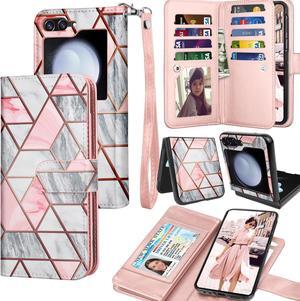Galaxy Z Flip 5 Case, 2023 Galaxy Z Flip5 Wallet Case, Tekcoo Luxury PU Leather Credit Card Slots Holder Carrying Folio Cover [Detachable Magnetic Case] Kickstand for Samsung Z Flip5 5G [Marble]