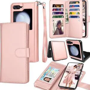 Galaxy Z Flip 5 Case, 2023 Galaxy Z Flip5 Wallet Case, Tekcoo Luxury PU Leather Credit Card Slots Holder Carrying Folio Cover [Detachable Magnetic Case] Kickstand for Samsung Z Flip5 5G [Rose Gold]