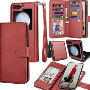 Galaxy Z Flip 5 Case, 2023 Galaxy Z Flip5 Wallet Case, Tekcoo Luxury PU Leather Credit Card Slots Holder Carrying Folio Cover [Detachable Magnetic Case] Kickstand for Samsung Z Flip5 5G [Red]