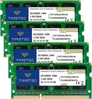 Timetec 16GB KIT(4x4GB) DDR3L / DDR3 1600MHz PC3L-12800 / PC3-12800 Non-ECC Unbuffered 1.35V / 1.5V CL11 2Rx8 Dual Rank 204 Pin SODIMM Laptop Notebook PC Computer Memory RAM Module Upgrade