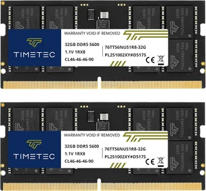 Timetec 64GB KIT(2x32GB) DDR5 5600MHz PC5-44800 Unbuffered Non-ECC 1.1V CL46 1Rx8 Single Rank 262 Pin SODIMM Laptop Memory RAM Module Upgrade Timetec 64GB KIT(2x32GB) DDR5 5600MHz PC5-44800 Unbuffered Non-ECC 1.1V CL46 1Rx8 Single Rank 262 Pin SODIMM Laptop Memory RAM Module Upgrade